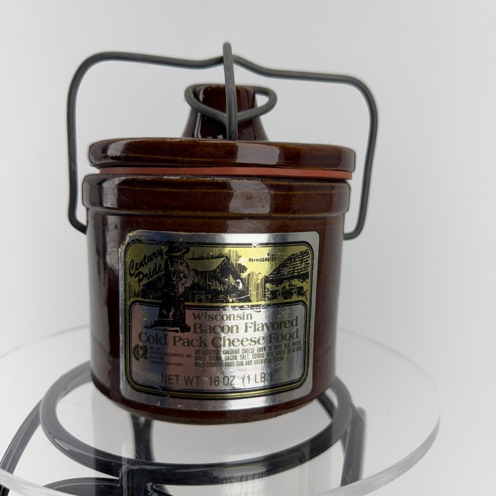 Vintage 1981 Century Pride Wisconsin Bacon Cheese Stoneware Crock with Wire Bail - Picture 1 of 11